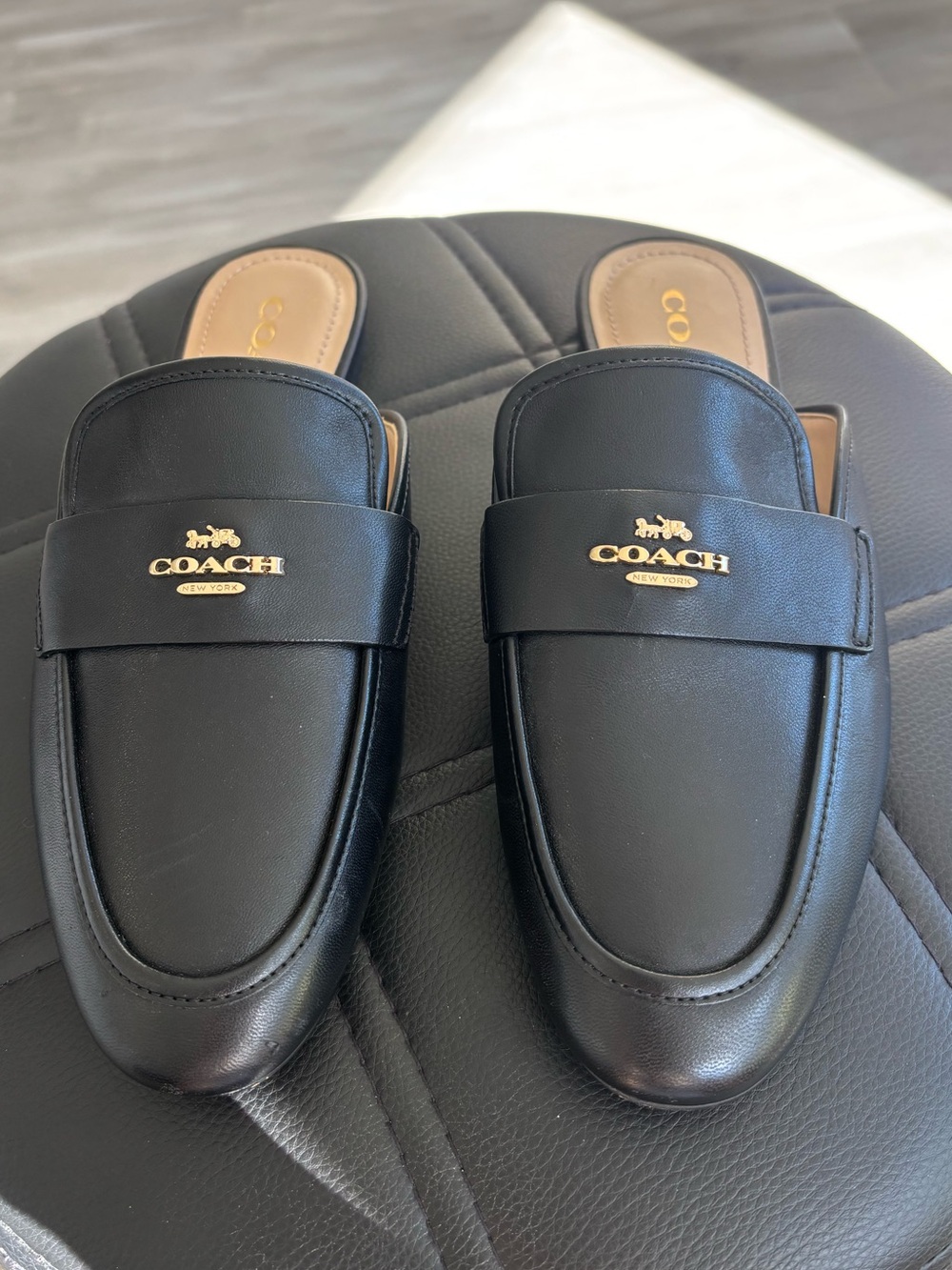 Coach Black Leather Backless Penny Loafers with Gold Logo
